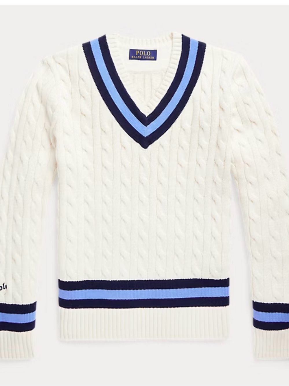 POLO RALPH LAUREN CRICKET SWEATER VARSITY V-NECK WHITE BLUE SIZE L 14-16 NWOT